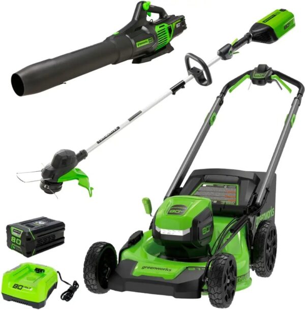 Greenworks 80V 21” Lawn Mower, 13” String Trimmer, and 730 Leaf Blower