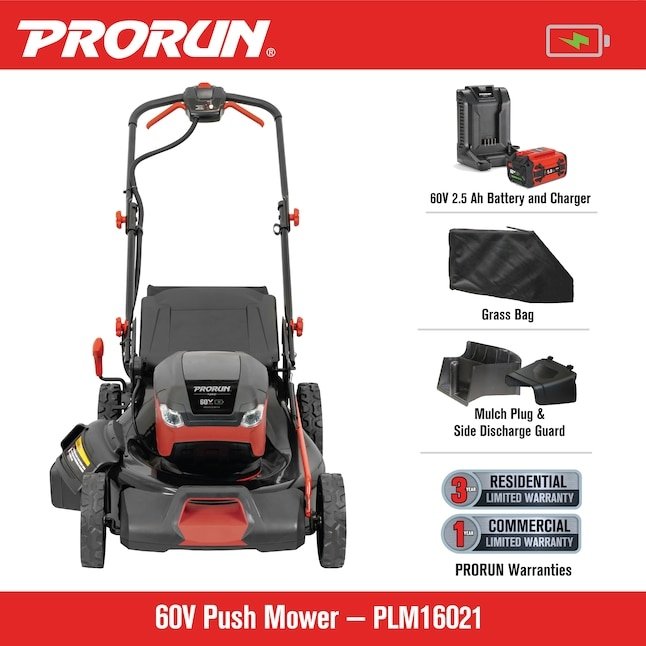 PRORUN 60V 21-In. Steel Deck Cordless Push Lawn Mower with 2.5 Ah Battery and Charger
