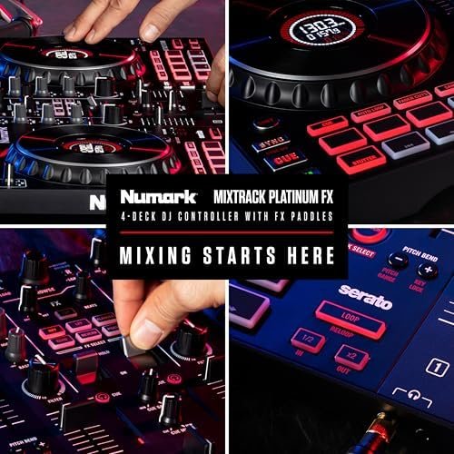 Numark Mixtrack Platinum FX Serato DJ Controller with Jog Wheel Displays, 4 Decks, Mixer, Effects Paddles and (Audio Interface)